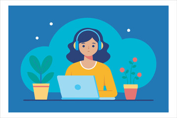 a women with laptop working with headphones, vector, modern illustration