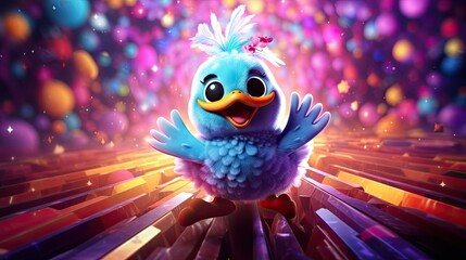 Naklejka premium Joyful Animated Bluebird Celebrating in a Vivid Colorful World