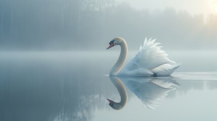 Fototapeta premium A graceful swan gliding across a calm lake, its reflection mirroring its elegant form, capturing the essence of natural beauty and subtle charm.
