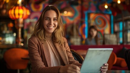 Smiling woman in a colorful cafe using a tablet, surrounded by vibrant lighting and decor.