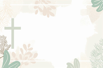 Baptism christianity invitation card design. Pastel neutral leaves abstract background with cross symbol. Concept of faith and nature.