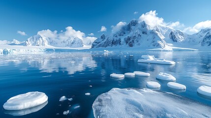 An expansive arctic landscape with icebergs floating in a deep blue sea and snow-covered mountains in the background. 
