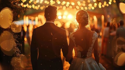 A bride and groom are seen from behind, walking towards a beautifully decorated wedding venue with string lights and a warm sunset glow, representing love and celebration.