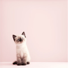 A cute Siamese kitten sitting on a solid pastel pink background with space above for text 
