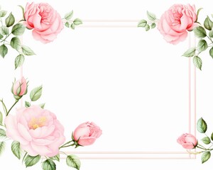 Obraz premium Beautiful floral frame with pink roses and green leaves on a white background, perfect for invitations, cards, and decorative designs.
