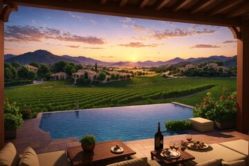 Fototapeta premium Luxurious vineyard villa with sunset view