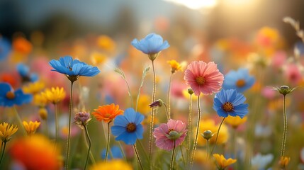 Obraz premium A sunlit meadow stretches out before you, bursting with a riot of wildflowers in every color imaginable. 