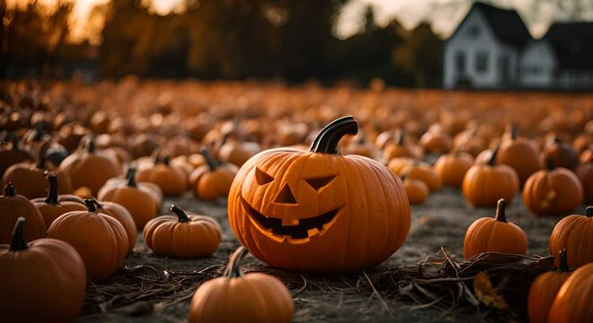 Beautifully carved jack o lantern pumpkin stands out in a vibrant pumpkin patch, ready for spooky halloween festivities. The warm sunset light adds charm to the festive atmosphere