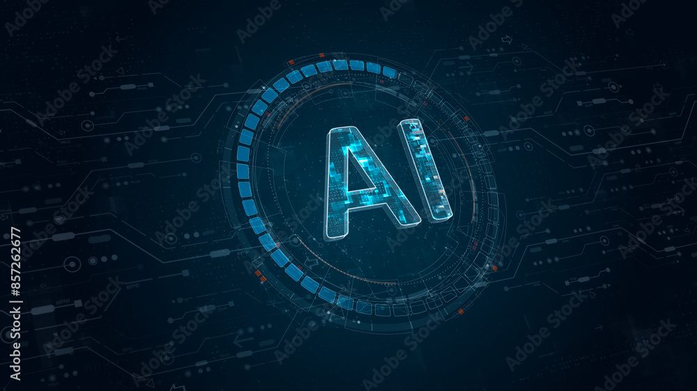 Poster blue digital ai letter and circle futuristic hud elements with flowing arrows with ai chatbot and ma