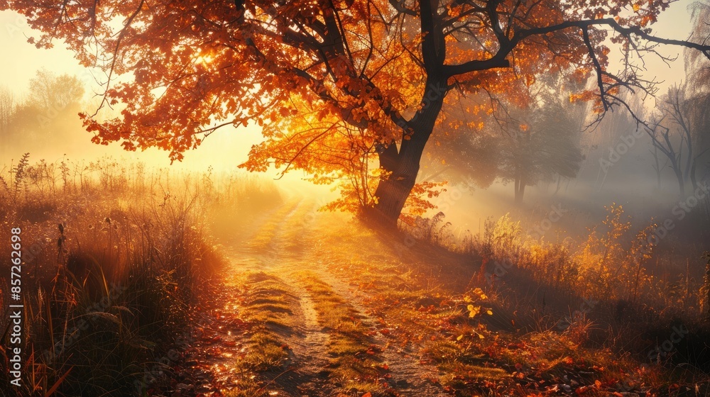 Wall mural Misty sunrise scenery in autumn