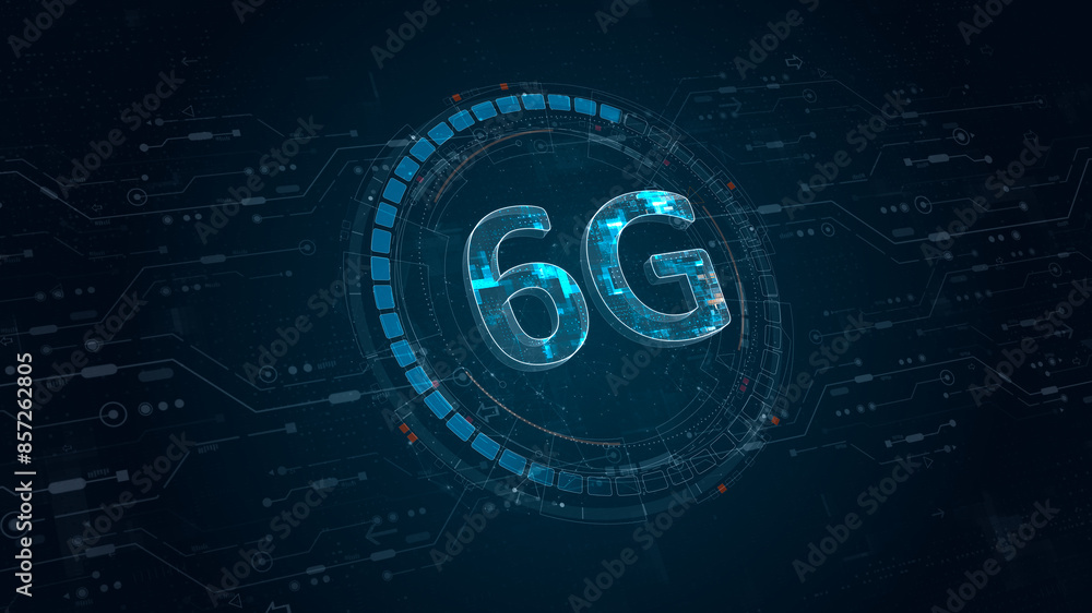 Poster blue digital 6g letter and circle futuristic hud elements with flowing arrows with generation of con