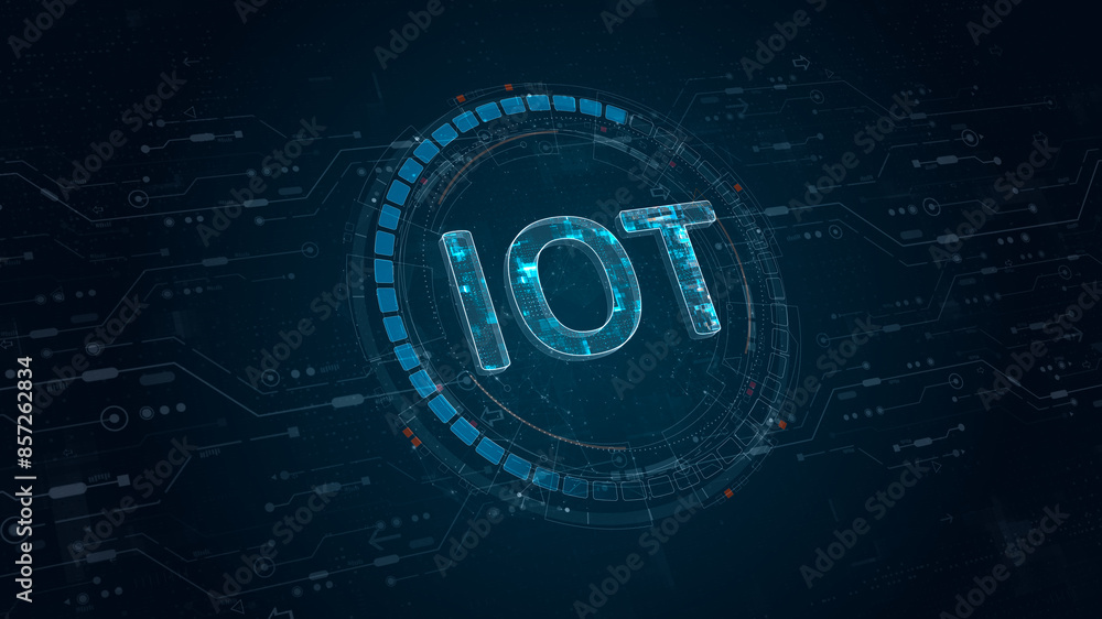Poster blue digital iot letter and circle futuristic hud elements with flowing arrows with internet of thin