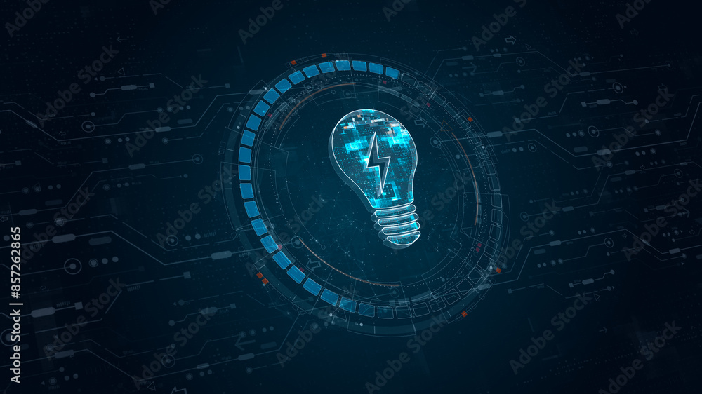 Poster blue digital lamp logo and circle futuristic hud elements with flowing arrows with lightbulb and ide