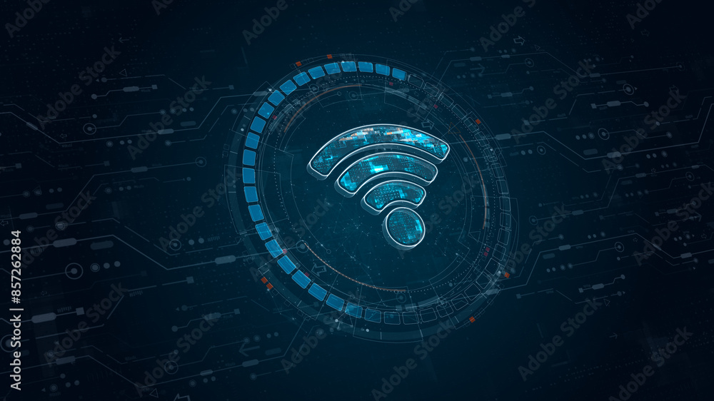 Poster blue digital wifi logo and circle futuristic hud elements with flowing arrows with data transfer and