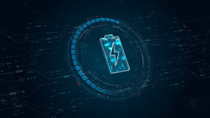 Blue digital battery logo and circle futuristic HUD elements with flowing arrows with power reserve concepts on abstract background