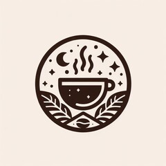 A simple and elegant logo for a coffee shop or cafe. The logo features a cup of coffee with a crescent moon and stars in the background. The coffee cup is surrounded by coffee leaves.