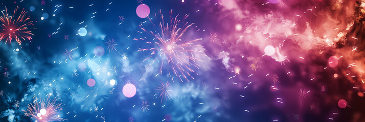 Fototapeta premium Celebrate Independence Day with a festive 'Happy 4th of July' background featuring patriotic decorations, flags, and fireworks