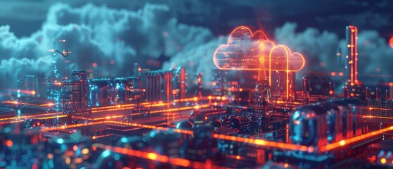 Concept of cloud technology in the energy sector, showing real-time data analysis and smart grid management in