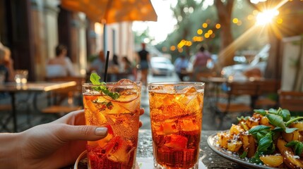 Two cold beverages with ice cubes and mint leaves sit on a table at an outdoor café, with a plate of food nearby. Sunlight illuminates the area, providing a warm atmosphere.