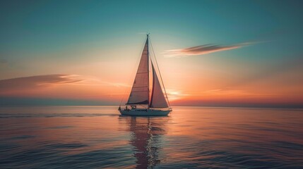 Fototapeta premium Sailing ship in sea water at sunset.