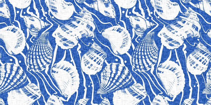 Azure blue white shell motif with linen seamless batik border background. Modern coastal beach cottage rustic shell block print home decor pattern design in sealife beach banner style. 