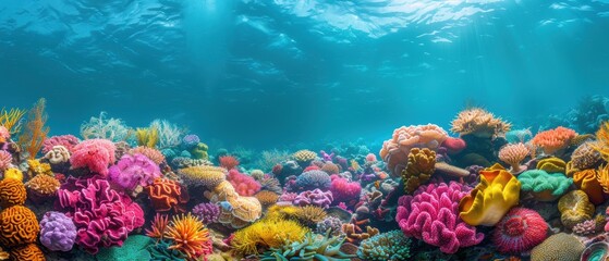 Naklejka premium Coral garden with a variety of species, bright and colorful, clear turquoise water, sharp details, thriving marine ecosystem, -high definition