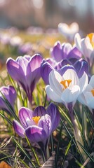 Purple and white crocus flowers blooming in early spring sunlight, close-up view. Nature and beauty concept