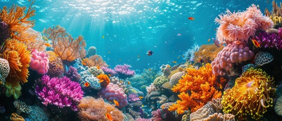 Fototapeta premium Coral garden with a variety of species, bright and colorful, clear turquoise water, sharp details, thriving marine ecosystem, -high definition