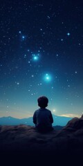 Obraz premium boy sitting against the background of the starry night sky, children's dreams, fantasies, background wallpaper