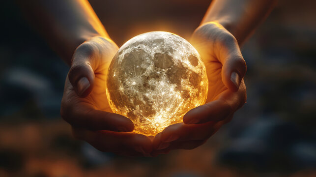 Hands tenderly cupping a luminous moon, symbolizing care, wonder, and the mystical connection between humanity and the celestial.