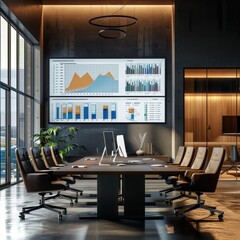 Corporate strategy presentation in a modern conference room. Aspect Ratio = 21:9