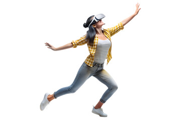 Happy young woman dancing in the metaverse isolated on white background
