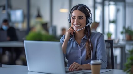 Smiling call agent using mobile phone while sitting at desk