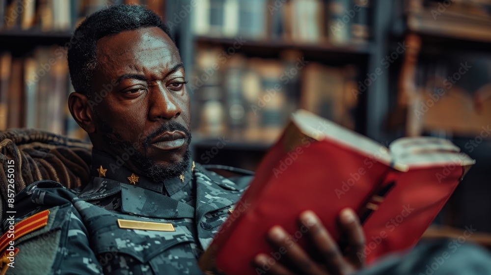 Poster a man, wearing a military-like uniform covered with badges, is deeply immersed in reading a red book