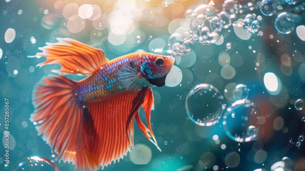 Poster Close-up of a Betta fish blowing bubbles at the water surface, creating a mesmerizing pattern.