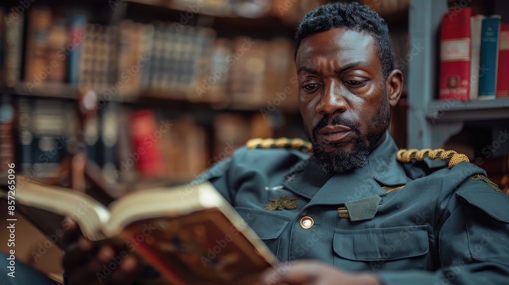 Poster a man dressed in a uniform reads a book while surrounded by numerous bookshelves, reflecting a calm 