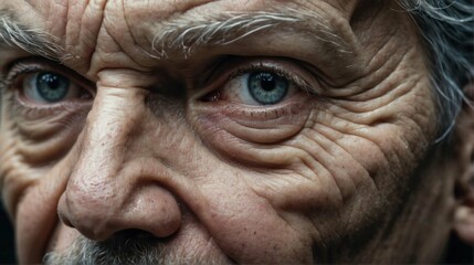 severe wrinkles on the face, age-related skin changes, wrinkled portrait close-up