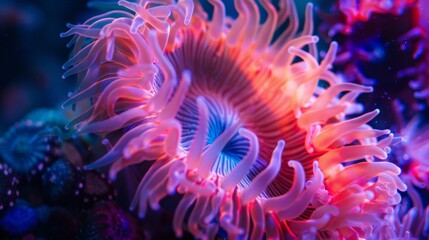 Close-up of a magnificent sea anemone with vivid colors and intricate patterns underwater.