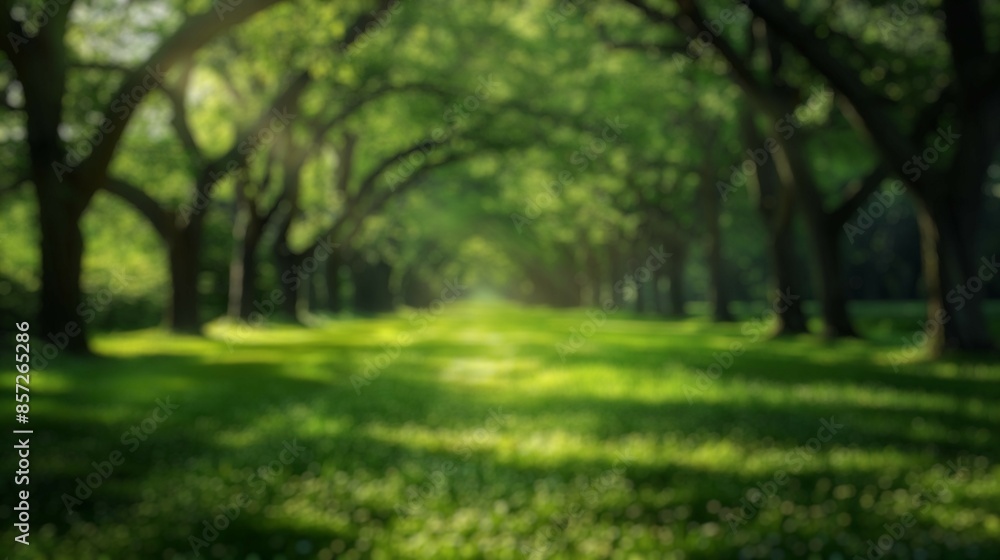 Poster blur background of sunlight filtering through trees in a lush forest. soft light nature photography.