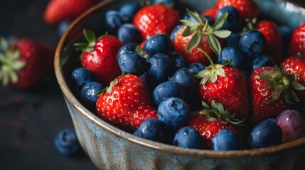 Close-up of ripe strawberries and blueberries piled in a ceramic bowl, showcasing their juicy freshness.