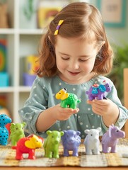 Fototapeta premium Little girl happily playing with colorful plastic animal toys at home, fostering creativity and imaginative play in a child's development.