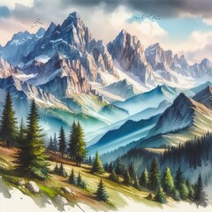 A beautiful watercolor painting of a mountain landscape. The mountains are in the distance, with a valley and a forest in the foreground.