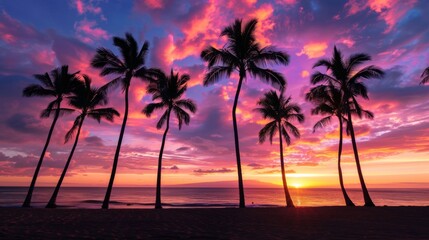 Obraz premium Silhouettes of palm trees against a vibrant sunrise sky, casting long shadows on a sandy beach