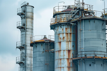 Factory chimneys and silos emitting smoke, representing industrial production and its environmental impact. Industrial landscape