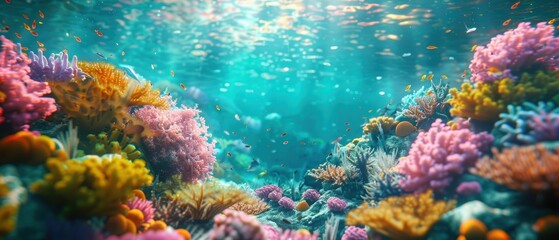 Fototapeta premium Crystal clear background of a vibrant coral reef, full of marine life and colors, ideal for underwater themes