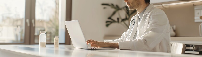 A male doctor in a white coat is sitting at a desk in a modern office. He is typing on a laptop and looking at a bottle of pills.