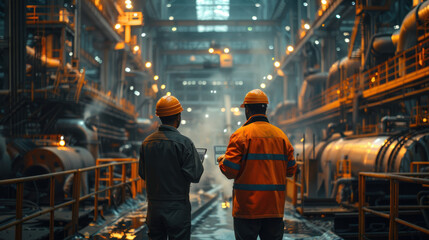 Fototapeta premium Two Heavy Industry Engineers Stand in Pipe Manufacturing Factory, Use Digital Tablet Computer, Have Discussion. Construction of Oil, Gas and Fuels Transport Pipeline.
