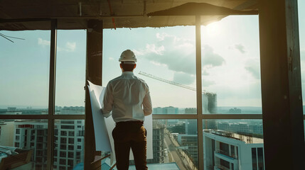Construction engineers inspecting progress on new factory site, holding blueprints. Professional consultation and supervision on construction project