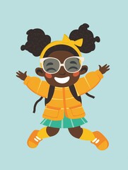 Naklejka premium Cheerful girl cartoon wearing glasses, yellow jacket, and green skirt, jumping with joy on a light blue background.