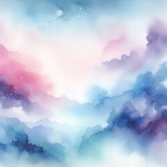 A beautiful watercolor painting of a cloudy sky with a gradient of blue, purple, and pink. The clouds are soft and fluffy, and the colors are vibrant and saturated.